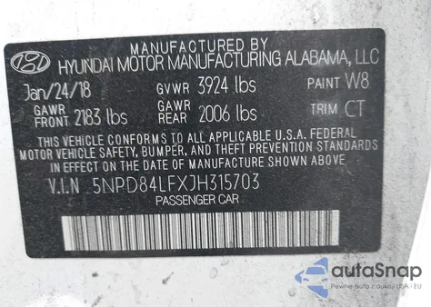 2018 Hyundai Elantra Sel z USA, uszkodzony, nr VIN 5NPD84LFXJH315703